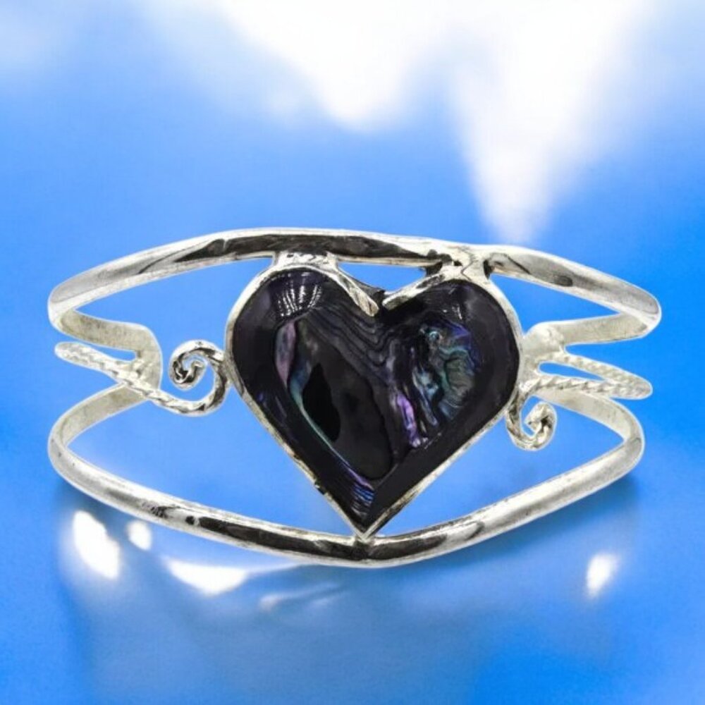 Vintage Heart Abalone Cuff Alpaca Mexico Silver Tone Bracelet